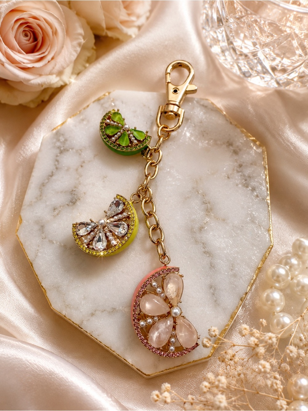 Fruit Slice Charm Keychain | Rhinestone & Faux Pearl Gold Tone Bag Charm